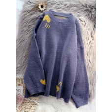 Cozy blue knitted blouse oversized o neck patchwork top