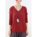 For Spring fall red knitted blouse fashion v neck knitted top