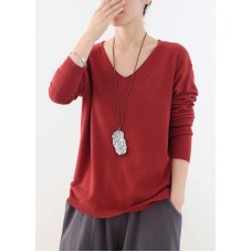 For Spring fall red knitted blouse fashion v neck knitted top