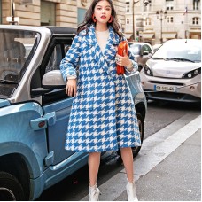 women blue white Plaid Wool Coat casual Notched long coat boutique pockets long coats