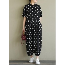 2019 Fine black dotted lapel half sleeve jumpsuit pants